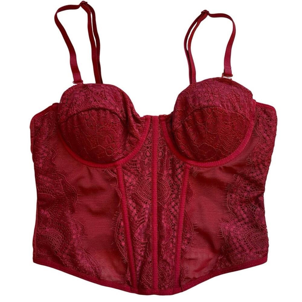 Faded Rose Sexy Romantic Deep Red Lace Classic Ribbed Corset Bustier Top Small